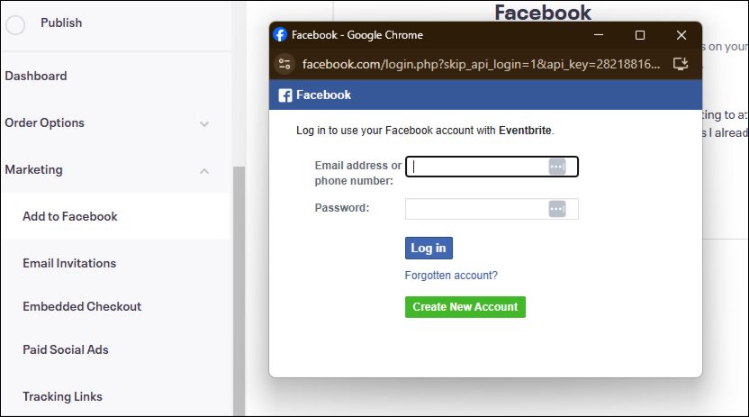 screenshot of facebook login on eventbrite